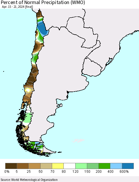 Chile Percent of Normal Precipitation (WMO) Thematic Map For 4/15/2024 - 4/21/2024