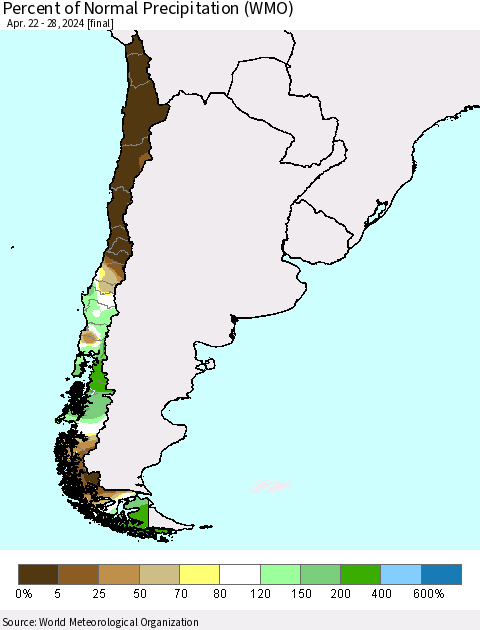 Chile Percent of Normal Precipitation (WMO) Thematic Map For 4/22/2024 - 4/28/2024