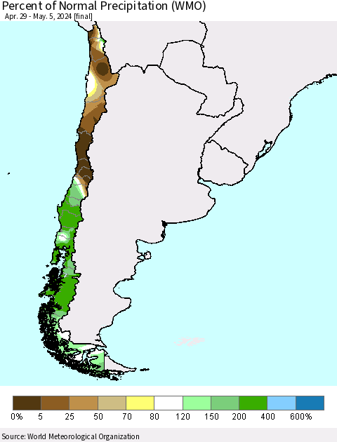 Chile Percent of Normal Precipitation (WMO) Thematic Map For 4/29/2024 - 5/5/2024