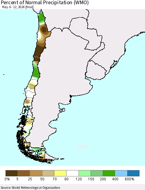 Chile Percent of Normal Precipitation (WMO) Thematic Map For 5/6/2024 - 5/12/2024