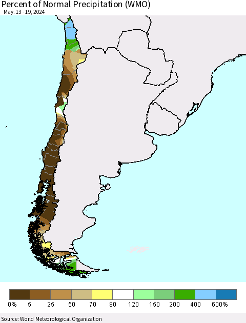 Chile Percent of Normal Precipitation (WMO) Thematic Map For 5/13/2024 - 5/19/2024