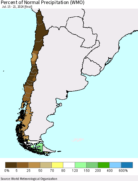 Chile Percent of Normal Precipitation (WMO) Thematic Map For 7/15/2024 - 7/21/2024