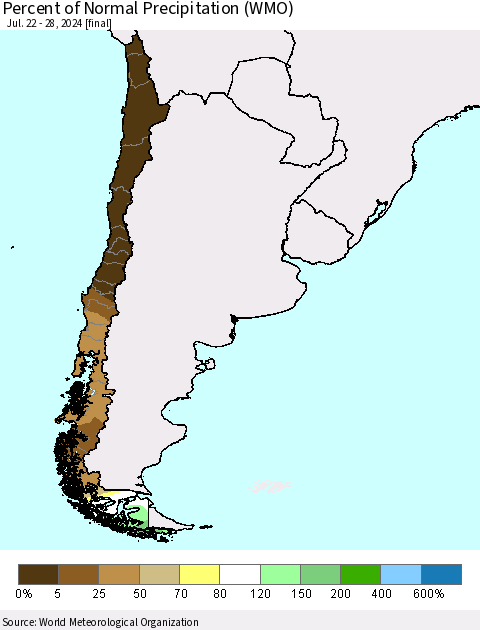Chile Percent of Normal Precipitation (WMO) Thematic Map For 7/22/2024 - 7/28/2024