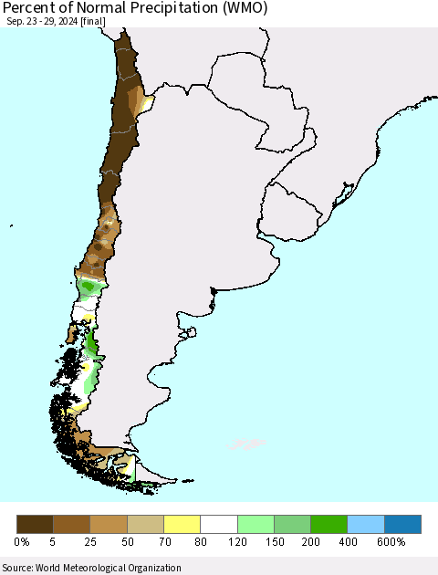 Chile Percent of Normal Precipitation (WMO) Thematic Map For 9/23/2024 - 9/29/2024