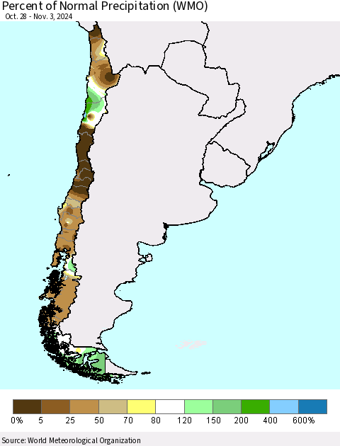 Chile Percent of Normal Precipitation (WMO) Thematic Map For 10/28/2024 - 11/3/2024