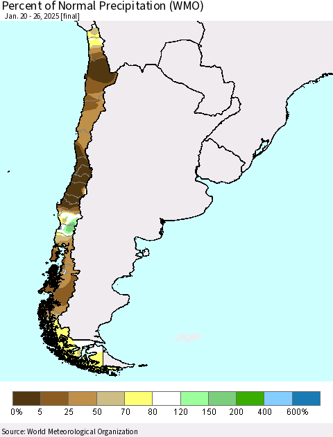 Chile Percent of Normal Precipitation (WMO) Thematic Map For 1/20/2025 - 1/26/2025