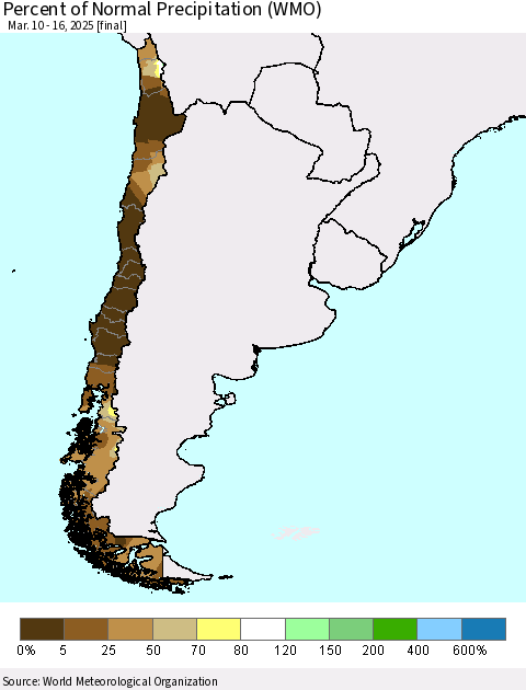 Chile Percent of Normal Precipitation (WMO) Thematic Map For 3/10/2025 - 3/16/2025