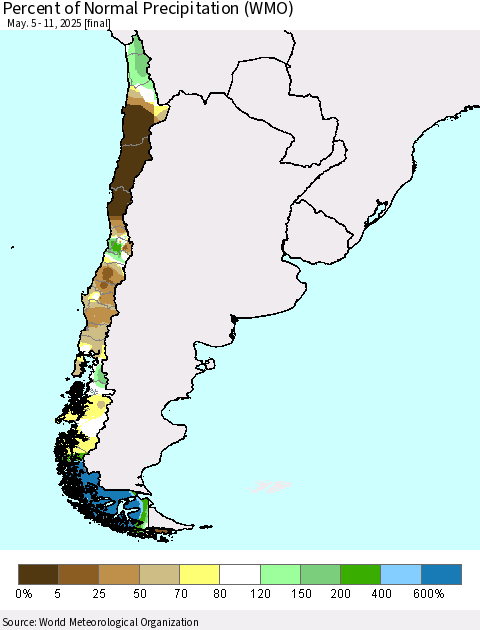 Chile Percent of Normal Precipitation (WMO) Thematic Map For 5/5/2025 - 5/11/2025