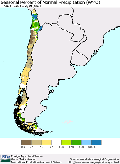 Chile Seasonal Percent of Normal Precipitation (WMO) Thematic Map For 4/1/2018 - 1/10/2019
