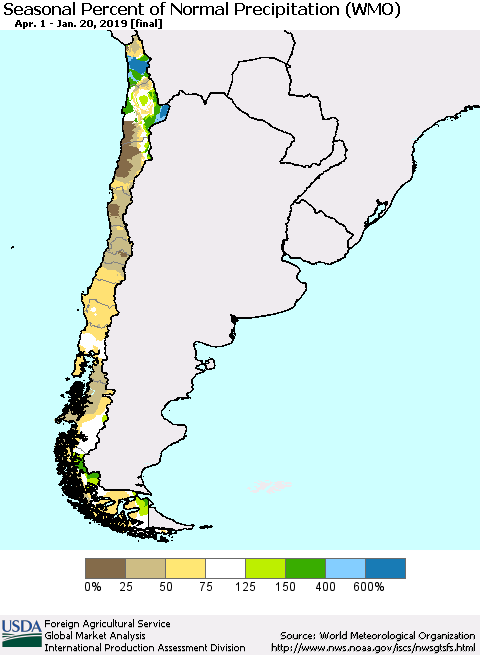 Chile Seasonal Percent of Normal Precipitation (WMO) Thematic Map For 4/1/2018 - 1/20/2019