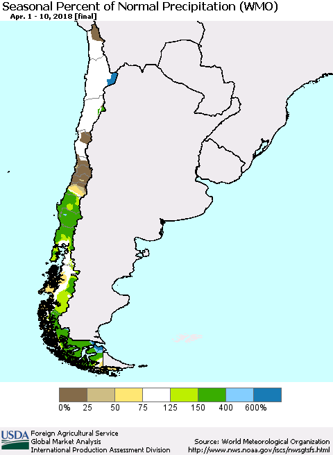 Chile Seasonal Percent of Normal Precipitation (WMO) Thematic Map For 4/1/2018 - 4/10/2018