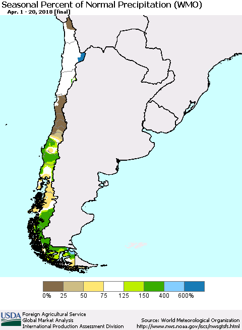 Chile Seasonal Percent of Normal Precipitation (WMO) Thematic Map For 4/1/2018 - 4/20/2018