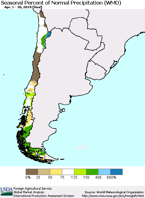Chile Seasonal Percent of Normal Precipitation (WMO) Thematic Map For 4/1/2018 - 4/30/2018