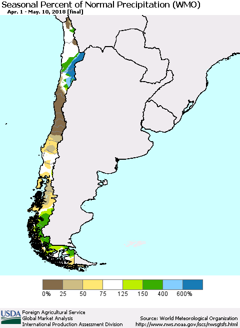 Chile Seasonal Percent of Normal Precipitation (WMO) Thematic Map For 4/1/2018 - 5/10/2018