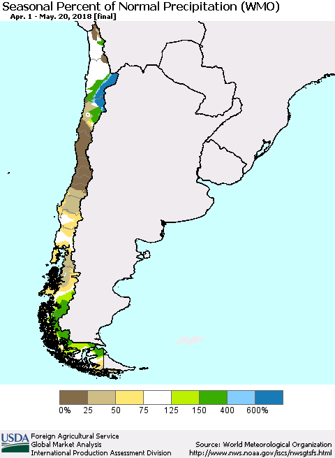 Chile Seasonal Percent of Normal Precipitation (WMO) Thematic Map For 4/1/2018 - 5/20/2018