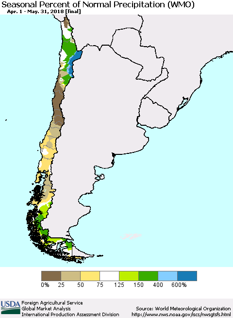 Chile Seasonal Percent of Normal Precipitation (WMO) Thematic Map For 4/1/2018 - 5/31/2018