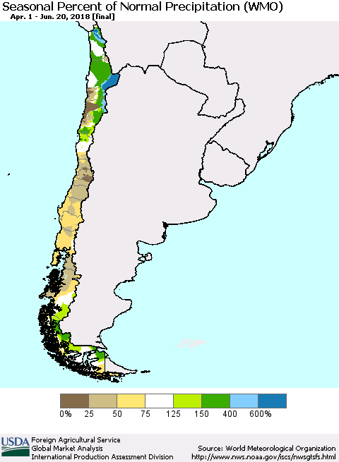 Chile Seasonal Percent of Normal Precipitation (WMO) Thematic Map For 4/1/2018 - 6/20/2018