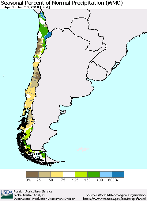 Chile Seasonal Percent of Normal Precipitation (WMO) Thematic Map For 4/1/2018 - 6/30/2018