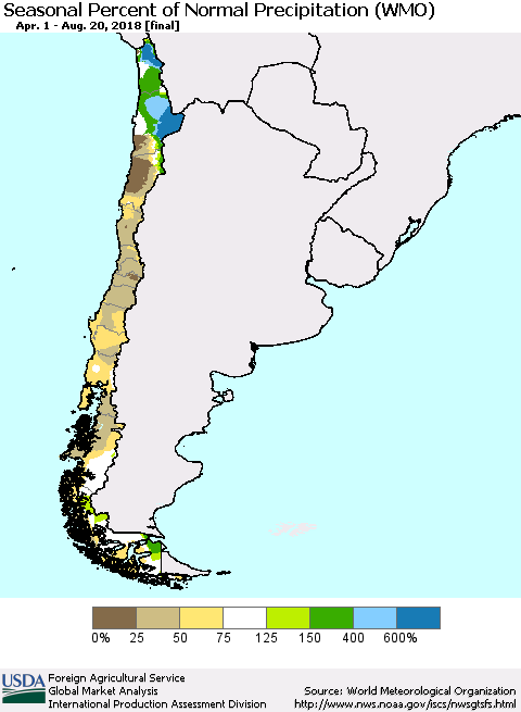 Chile Seasonal Percent of Normal Precipitation (WMO) Thematic Map For 4/1/2018 - 8/20/2018