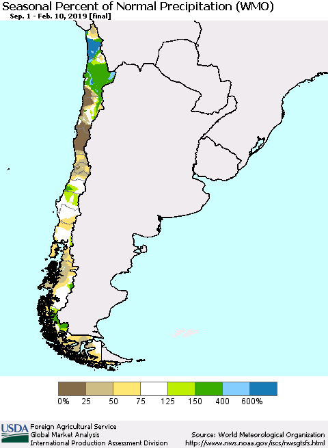 Chile Seasonal Percent of Normal Precipitation (WMO) Thematic Map For 9/1/2018 - 2/10/2019