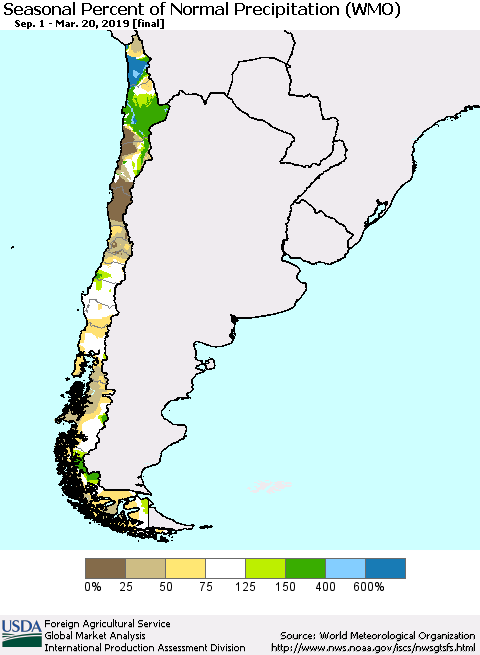 Chile Seasonal Percent of Normal Precipitation (WMO) Thematic Map For 9/1/2018 - 3/20/2019