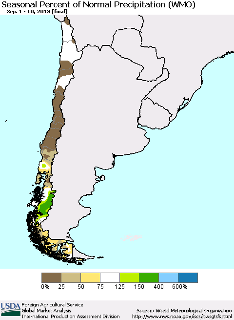 Chile Seasonal Percent of Normal Precipitation (WMO) Thematic Map For 9/1/2018 - 9/10/2018