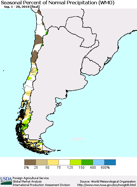 Chile Seasonal Percent of Normal Precipitation (WMO) Thematic Map For 9/1/2018 - 9/20/2018