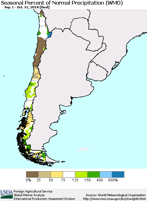 Chile Seasonal Percent of Normal Precipitation (WMO) Thematic Map For 9/1/2018 - 10/31/2018