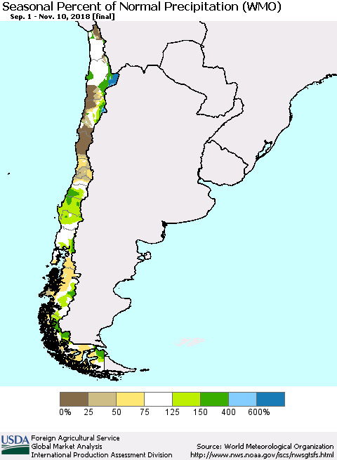 Chile Seasonal Percent of Normal Precipitation (WMO) Thematic Map For 9/1/2018 - 11/10/2018