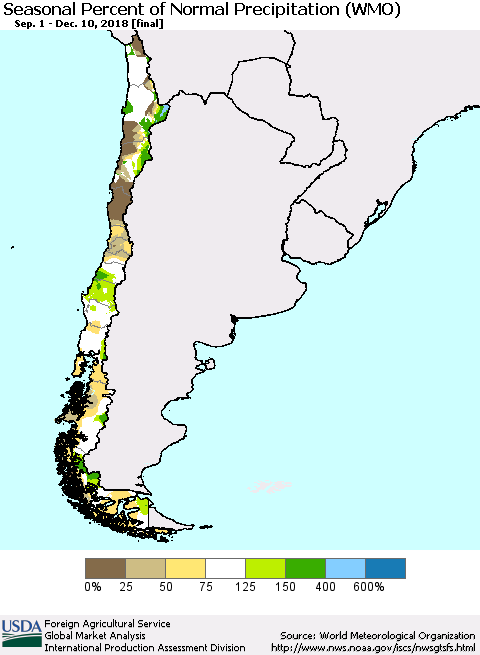 Chile Seasonal Percent of Normal Precipitation (WMO) Thematic Map For 9/1/2018 - 12/10/2018