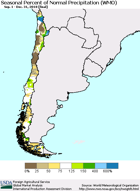 Chile Seasonal Percent of Normal Precipitation (WMO) Thematic Map For 9/1/2018 - 12/31/2018