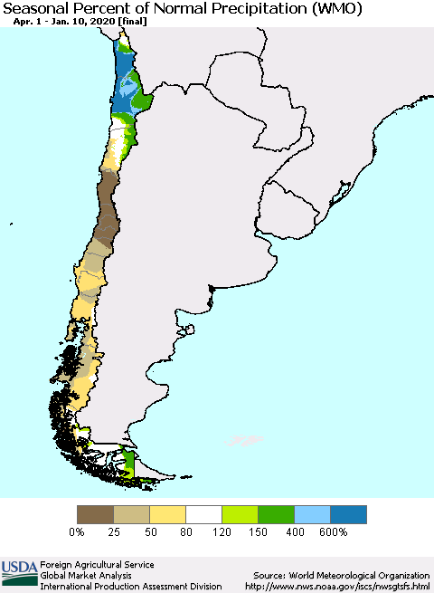 Chile Seasonal Percent of Normal Precipitation (WMO) Thematic Map For 4/1/2019 - 1/10/2020