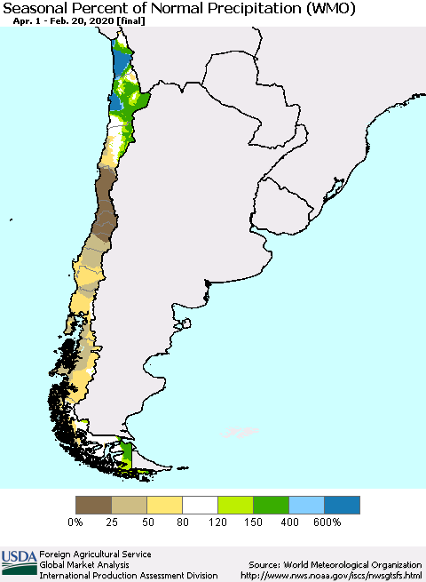 Chile Seasonal Percent of Normal Precipitation (WMO) Thematic Map For 4/1/2019 - 2/20/2020