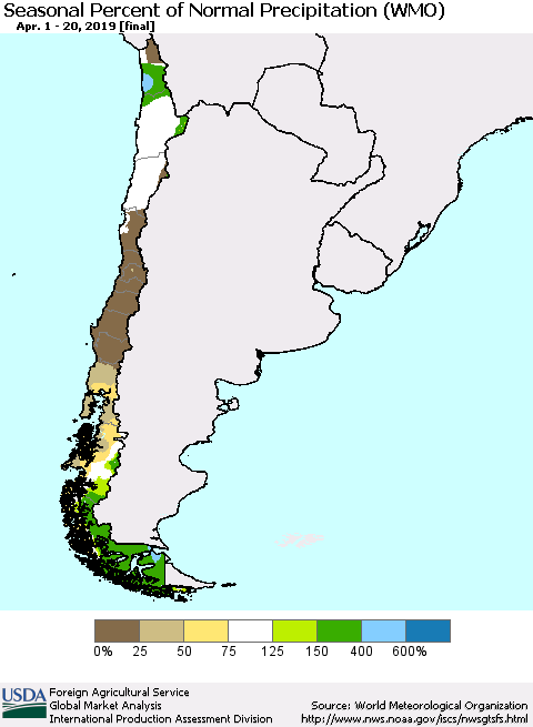 Chile Seasonal Percent of Normal Precipitation (WMO) Thematic Map For 4/1/2019 - 4/20/2019