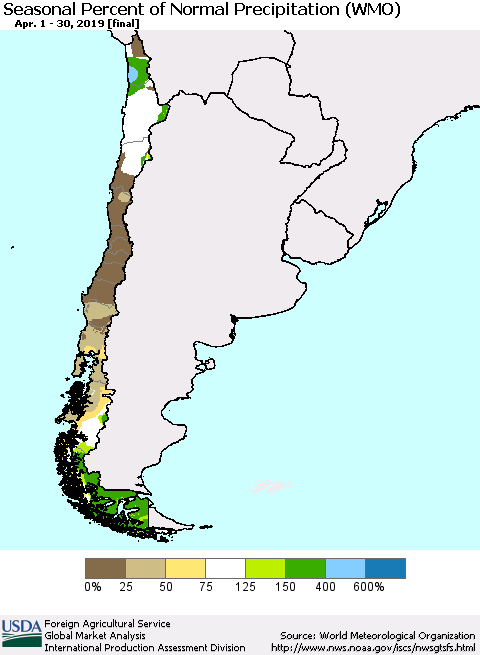 Chile Seasonal Percent of Normal Precipitation (WMO) Thematic Map For 4/1/2019 - 4/30/2019