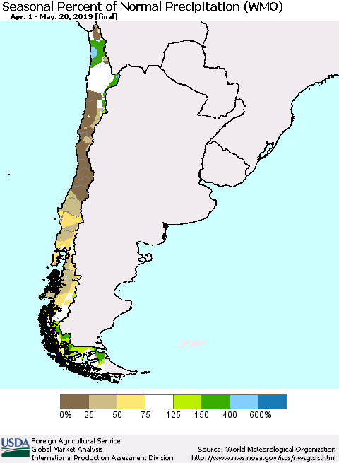 Chile Seasonal Percent of Normal Precipitation (WMO) Thematic Map For 4/1/2019 - 5/20/2019