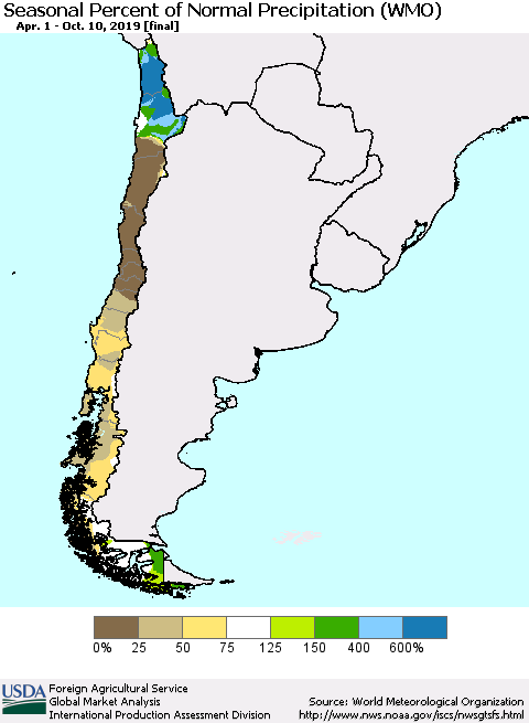 Chile Seasonal Percent of Normal Precipitation (WMO) Thematic Map For 4/1/2019 - 10/10/2019