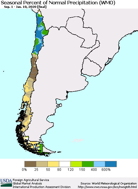 Chile Seasonal Percent of Normal Precipitation (WMO) Thematic Map For 9/1/2019 - 1/10/2020