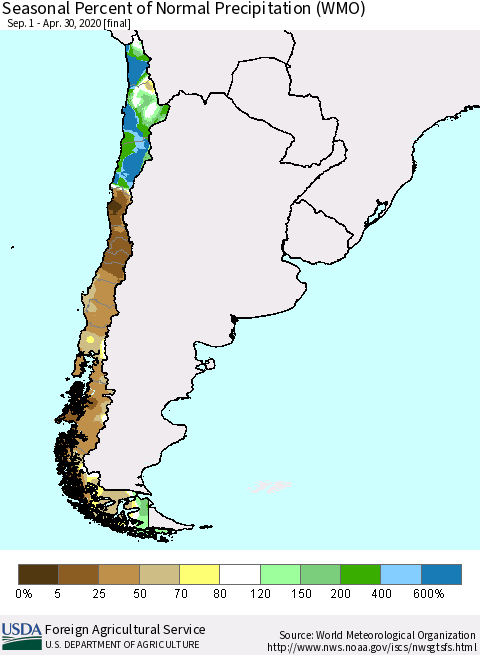 Chile Seasonal Percent of Normal Precipitation (WMO) Thematic Map For 9/1/2019 - 4/30/2020