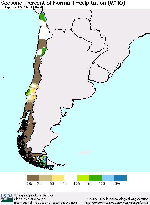 Chile Seasonal Percent of Normal Precipitation (WMO) Thematic Map For 9/1/2019 - 9/10/2019