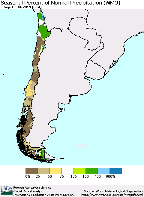 Chile Seasonal Percent of Normal Precipitation (WMO) Thematic Map For 9/1/2019 - 9/30/2019