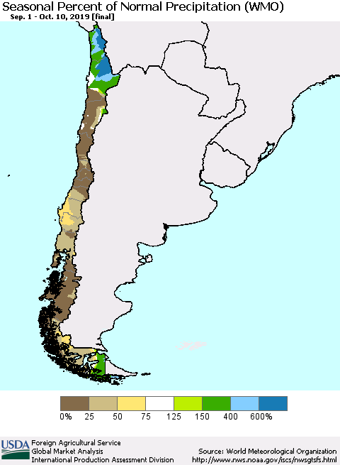 Chile Seasonal Percent of Normal Precipitation (WMO) Thematic Map For 9/1/2019 - 10/10/2019
