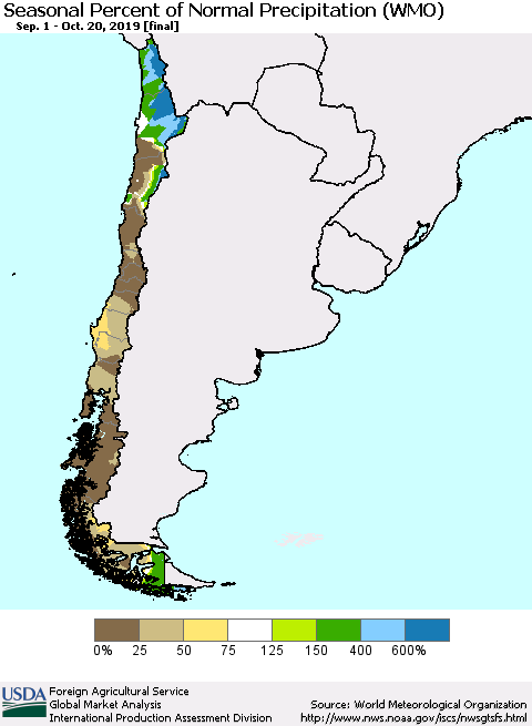 Chile Seasonal Percent of Normal Precipitation (WMO) Thematic Map For 9/1/2019 - 10/20/2019