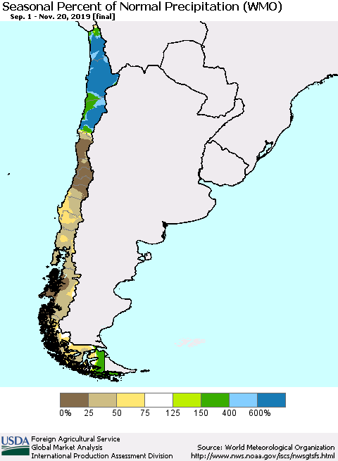 Chile Seasonal Percent of Normal Precipitation (WMO) Thematic Map For 9/1/2019 - 11/20/2019