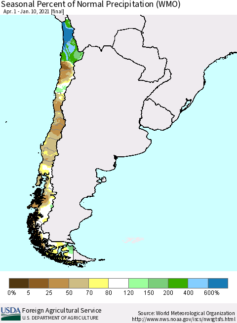 Chile Seasonal Percent of Normal Precipitation (WMO) Thematic Map For 4/1/2020 - 1/10/2021