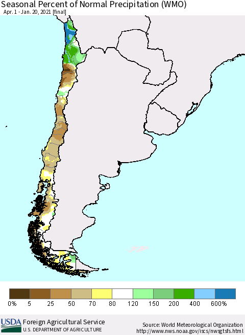 Chile Seasonal Percent of Normal Precipitation (WMO) Thematic Map For 4/1/2020 - 1/20/2021