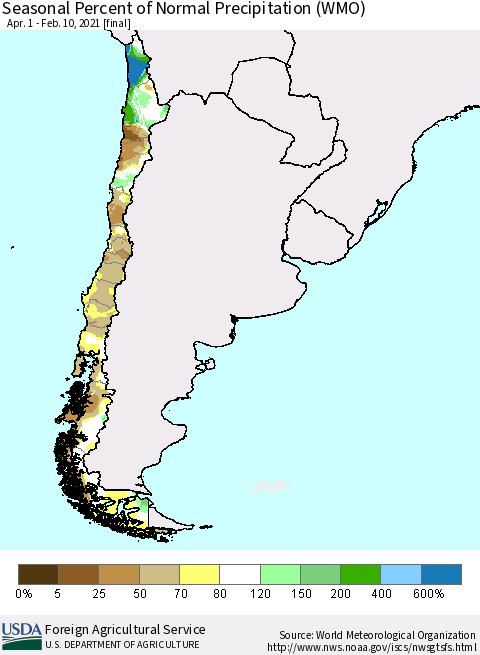 Chile Seasonal Percent of Normal Precipitation (WMO) Thematic Map For 4/1/2020 - 2/10/2021