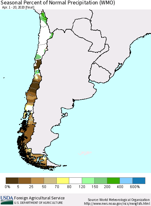 Chile Seasonal Percent of Normal Precipitation (WMO) Thematic Map For 4/1/2020 - 4/20/2020