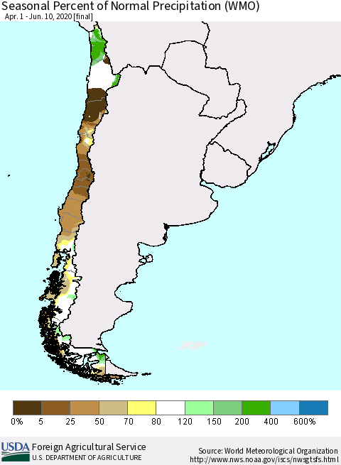 Chile Seasonal Percent of Normal Precipitation (WMO) Thematic Map For 4/1/2020 - 6/10/2020