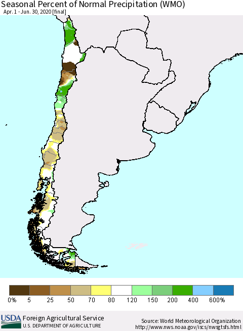 Chile Seasonal Percent of Normal Precipitation (WMO) Thematic Map For 4/1/2020 - 6/30/2020